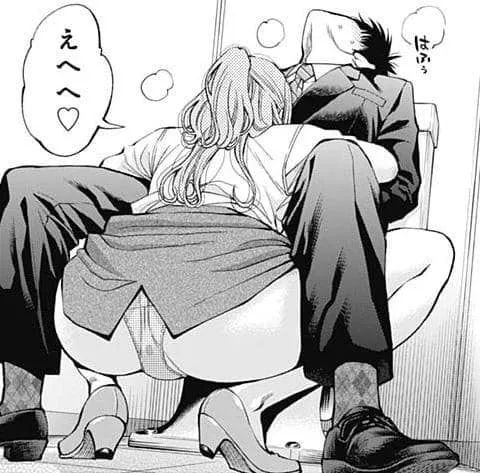 Mono: 1boy, 1girl, short black hair, ponytail, sitting, squatting, clothed sex, implied blowjob/fellatio, formal suit/clothes, shoes, high heels, office lady, salaryman, necktie, faceless, looking up, toilet, skirt lift, back slit, panties, long sleeves, posted by Clean-Preparation