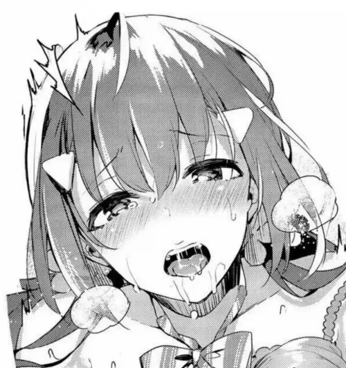 Mono: 1girl, long dark/brown hair between eyes, eyebrows visible through hair, bangs, sidelocks, ahoge, hair flower, hairclip/hairpin/hair ornament, ahegao, blush, open mouth, tongue out, upper teeth, saliva trail/drool, sweat, tear, bowtie, bare shoulde by Clean-Preparation