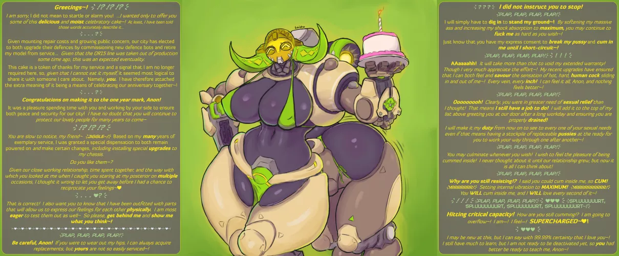 [MxF] Do you think she has a horse pussy, or a boring normal one? [Overwatch][Orisa][Robot][Human on Omnic][BHC][Cake][Wholesome?][MtG Caption][Artist: Saidra] by MtG-Ti