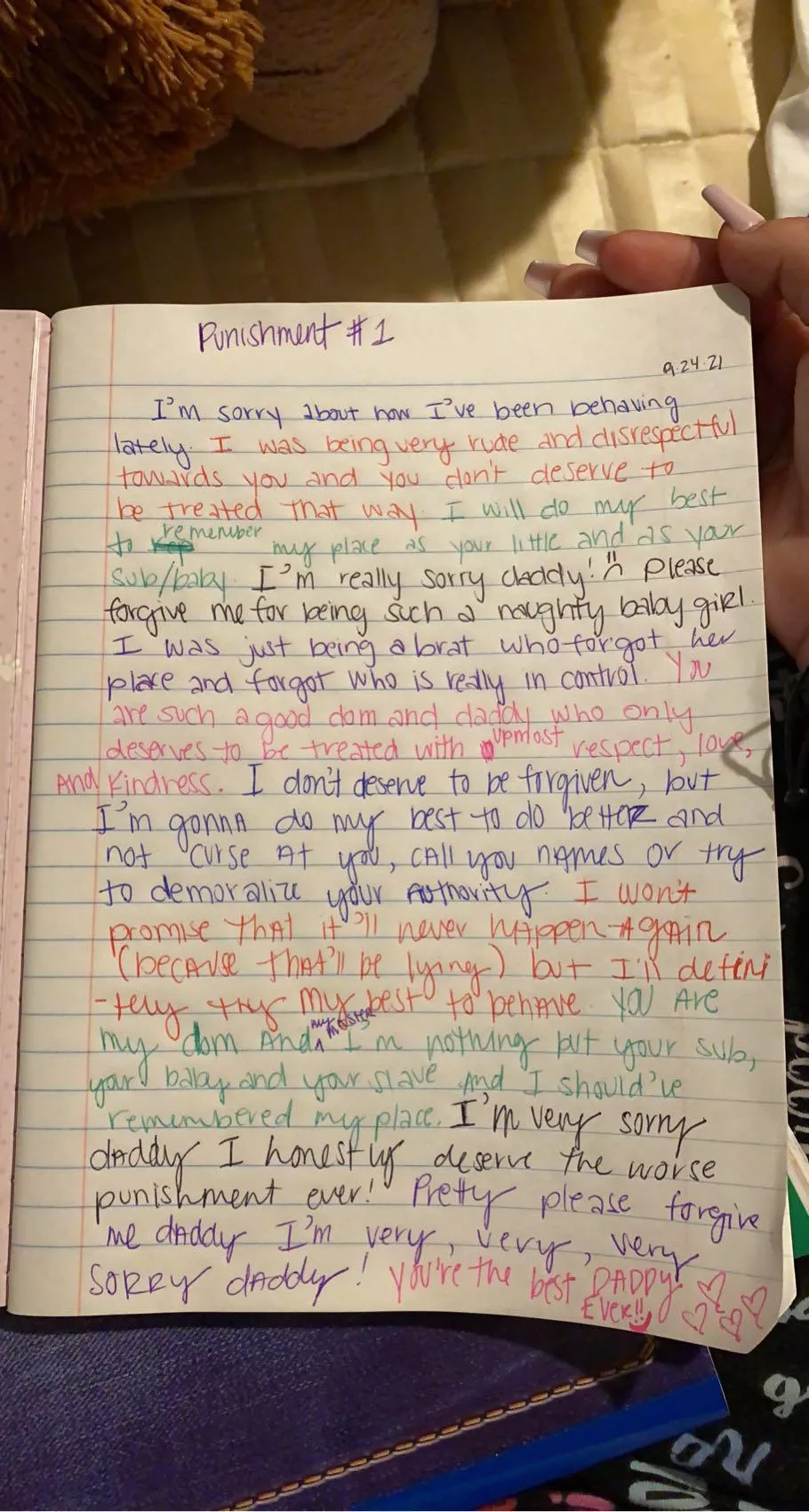 My baby had been bad lately and very misbehaving, so I gave her her first ever written essay. It was just supposed to be an apology but she saw it as punishment and after reading this my heart skipped a beat~💕 She is 🌟 forgiven 🌟 posted by UnknownPx7
