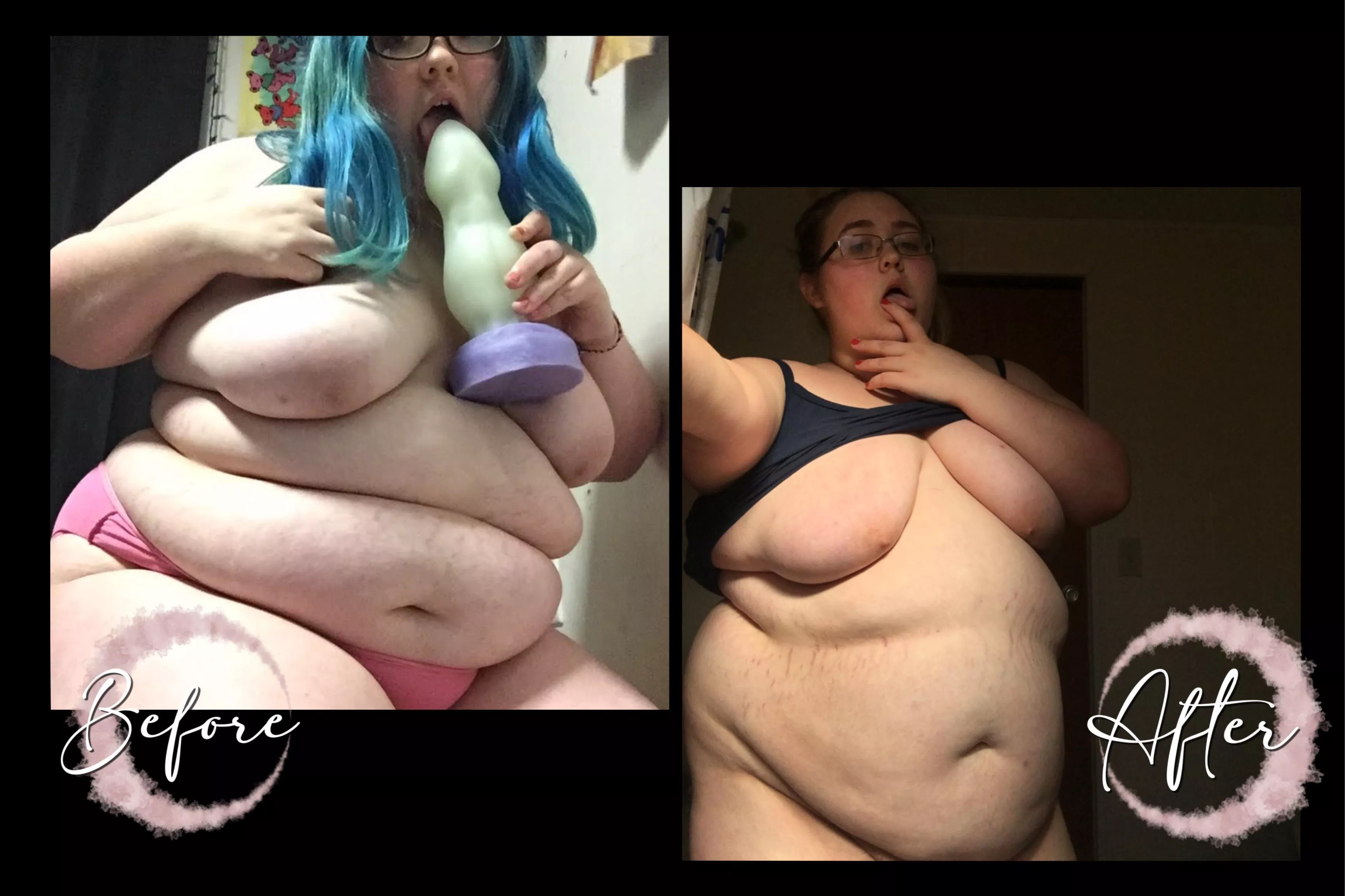 my before & after weight gain pic 🥰 I love being a piggy posted by goddesskarma3