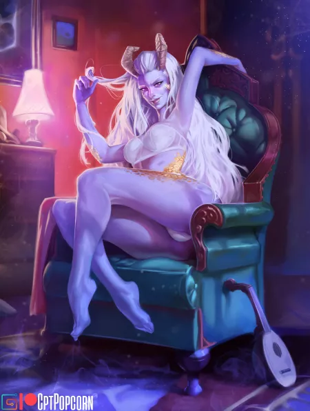 My character Isra, waiting for her SO in some tasteful lingerie. Artwork by u/cpt_popcorn_official by Rangerspawn