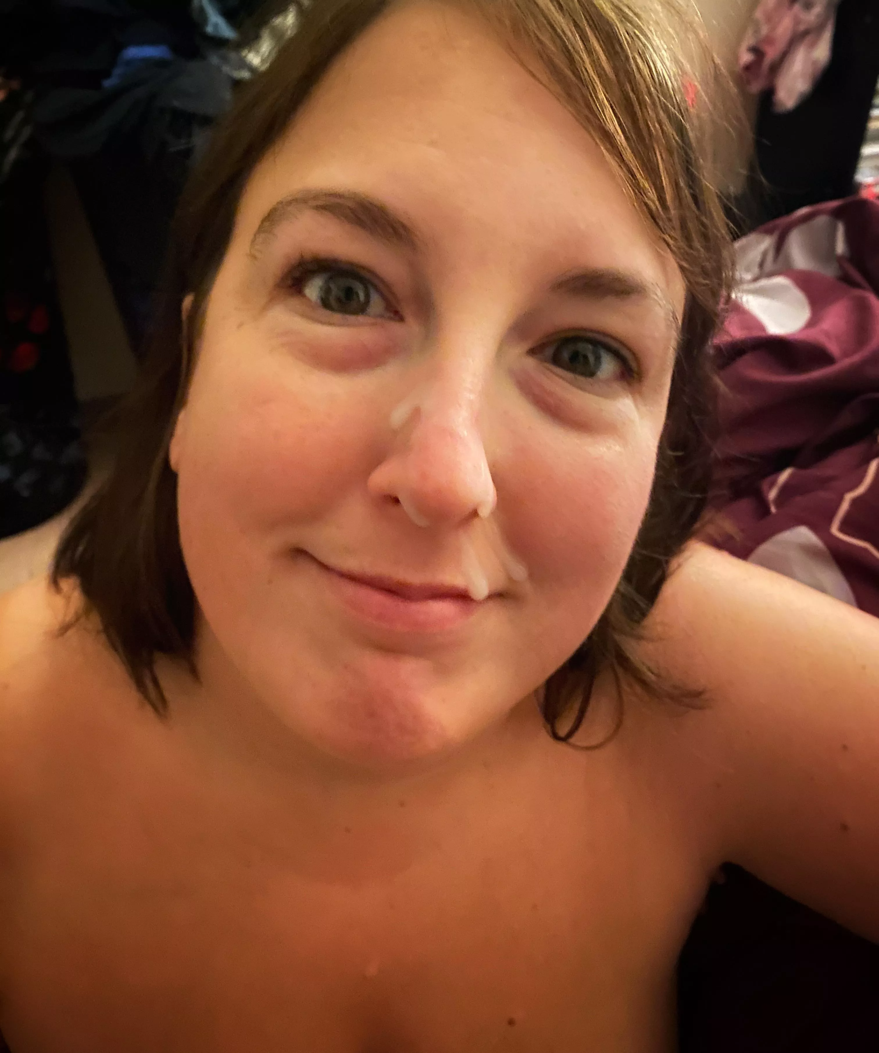 My cum slut smiling with cum on her face. posted by OurNaughtyPlace
