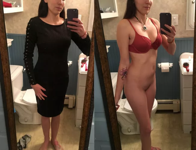 My date night outfit for tonight. Ended up going with a fun but conservative black dress, red bra, no panties, and a tiny landing strip (f) by ProtectorofKiwis