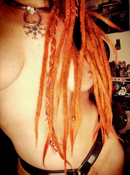 My fav collar, my fav belt and a sneaky nipple over my dreads! by Nekotied