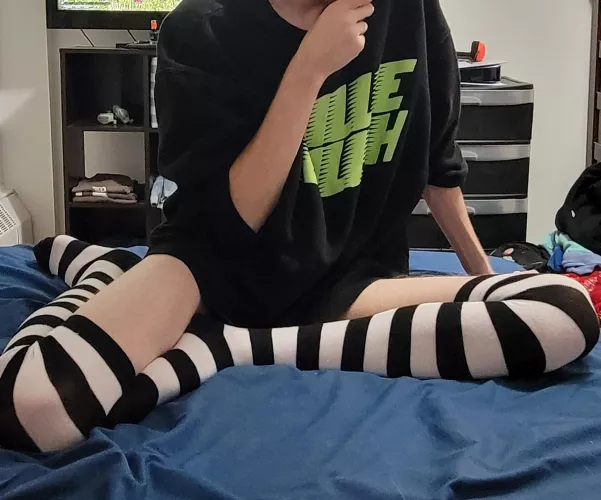 My first time posting. Just got my first knee highs and felt cute in my bf's sweater by Initial-Indication