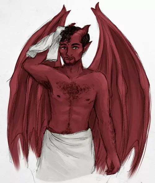 My new character, a Tiefling Cleric! Here’s a digitally-coloured sketch of him drying off after a shower by orangevanillasweetie