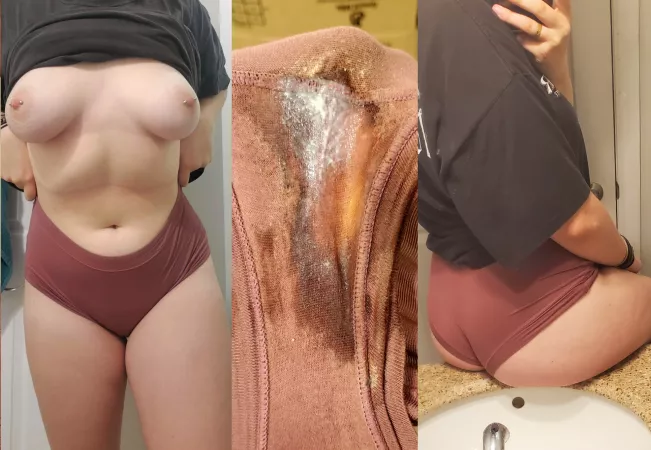 my pussy has stained, bleached, and creamed this poor pantie to death😅 just got home from my lectures and it smells so strongly of my cum l've gotta send it off soon, dm me or kik babbigiraffe to have it shipped tonight😘 by babigiraffe