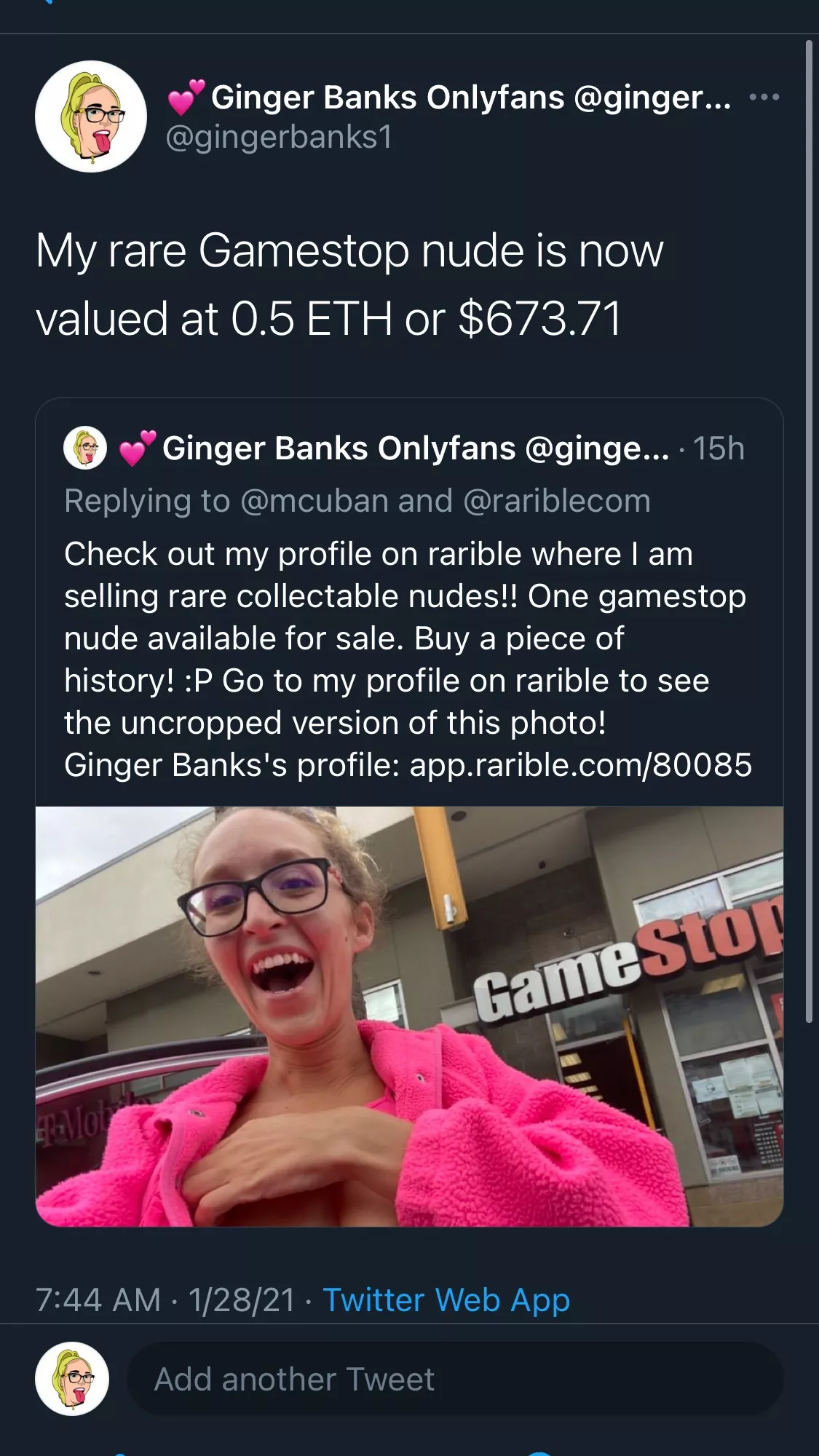 My rare GameStop nude is now valued at 0.5 ETH or $673.71 🤯🤯🤯 NFTs are going to be huge in the future posted by blonde234