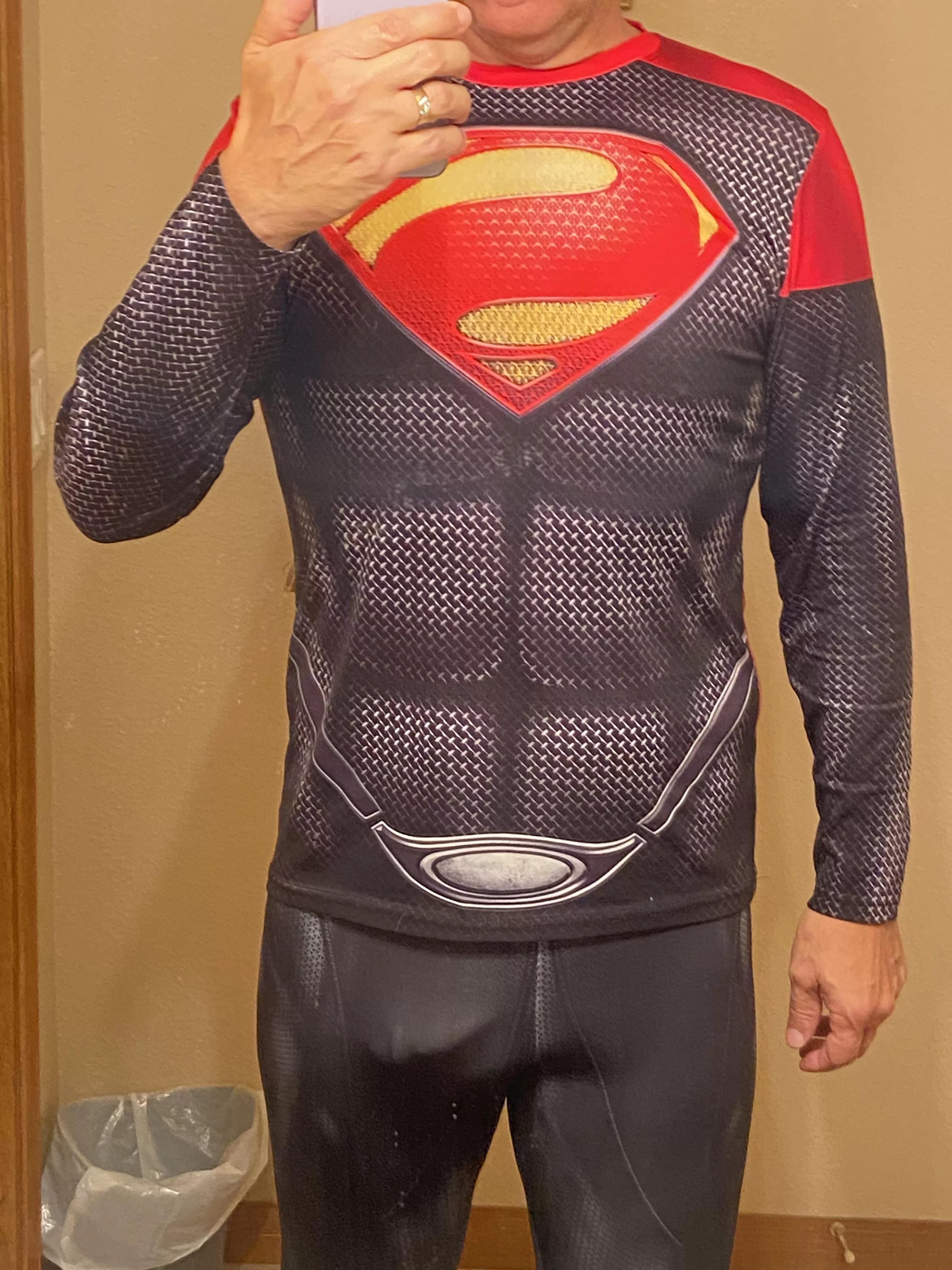 My Supersuit. Only semi here so I think I could wear it to the gym. Have to see what it looks like with a jock on under it. posted by ShavedNutsCO