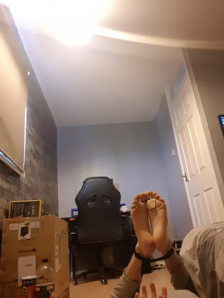 My tied up feet waiting to be played with :) by barefootboy123