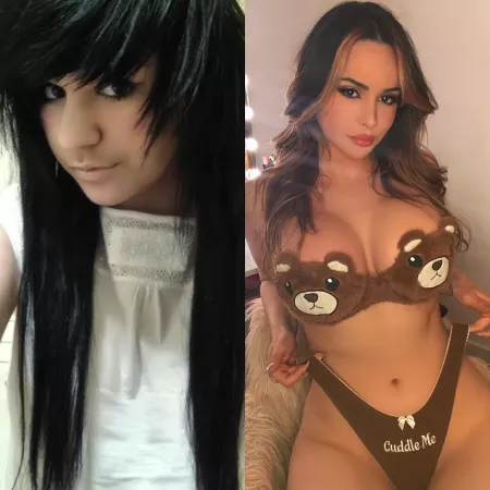 my transformation so far! wow can’t believe that first photo was me lol the new fake boobs help me feel like a pretty bimbo 😍🎀 by bimbomeplease