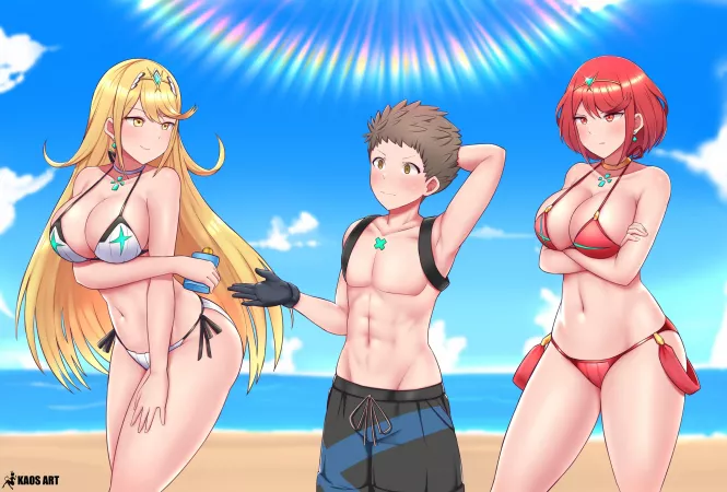 Mythra and Pyra at the beach by Terran117