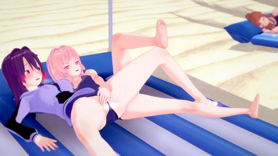 Natsuki showing Yuri a good time at the beach [OC] by Bumblbreeze