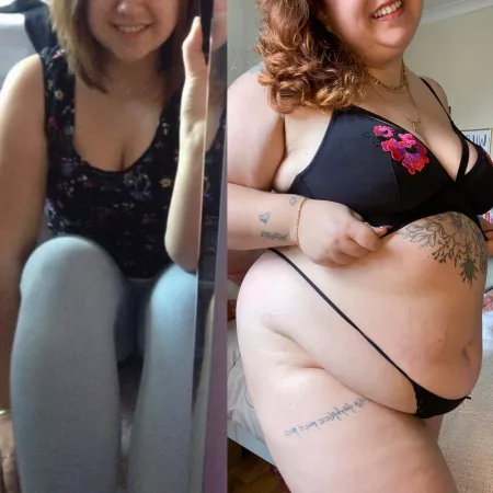 Nervous to post my first ever before & after! Nearly 100lbs gained & still not stopped 😳 by freya_fox