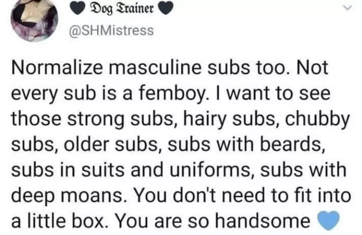 Normalize this... Subs shouldn't always be femboy❣️ posted by miss-gentle