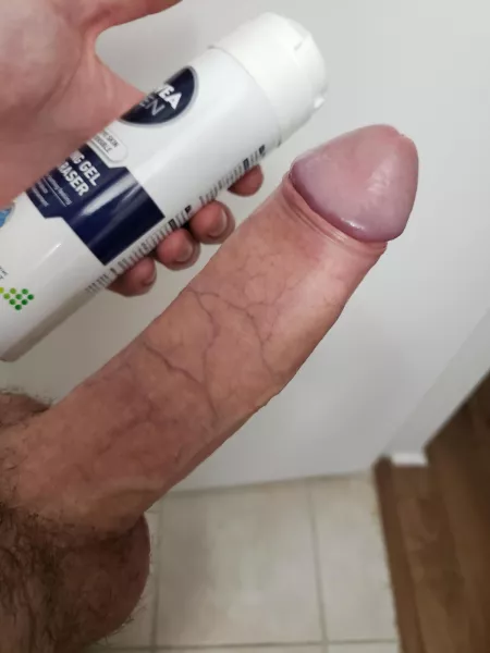 [oc] felt horny my friends bathroom, so measured against her husband's shaving cream. by SemiFlyWhyteGuy