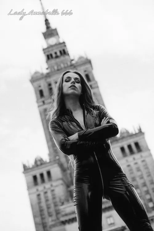 Outside in shiny outfit. by LadyAnnabelle666