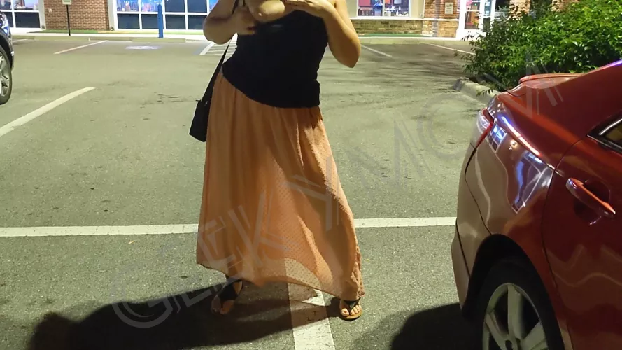 Outside the restaurant in a sheer skirt (f) by geekymomxxx