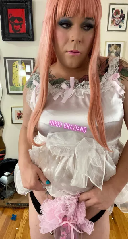 Pink caged bow tattoos pink silk dress with bows and a pink sissy pouch with bells to boot by nikkigraziano13