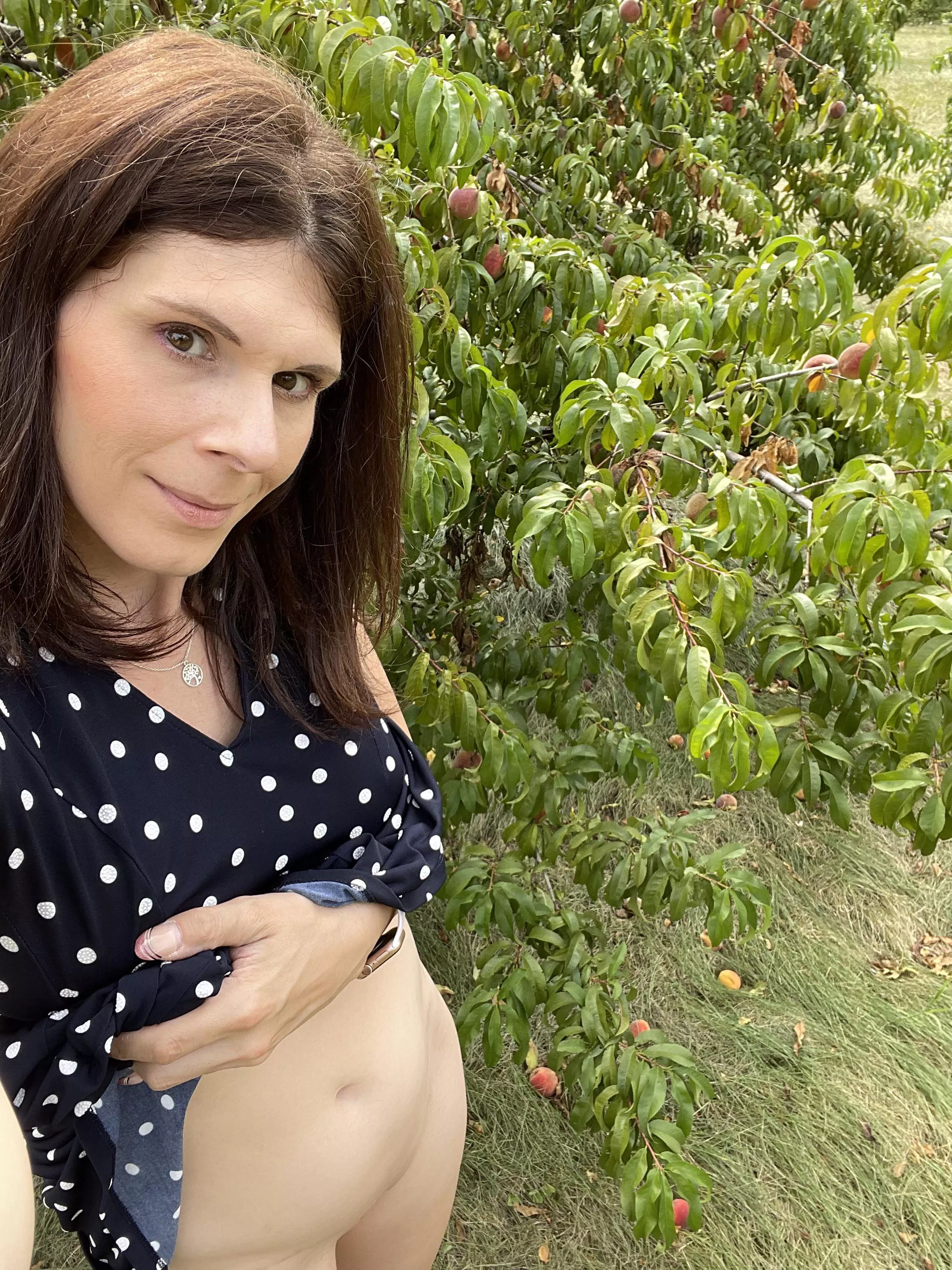Polkadot dress in a peach orchard…classic yet feminine (39F) posted by AutumnGoddess81