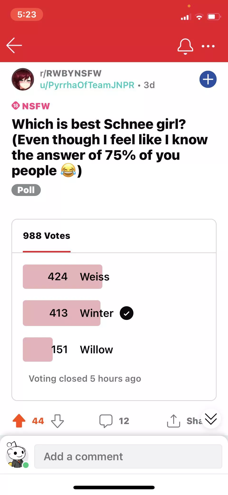 Poll is done! I’m not surprised that Weiss won, but I am surprised with the amount of votes winter got, especially how close she got to Weiss. posted by PyrrhaOfTeamJNPR