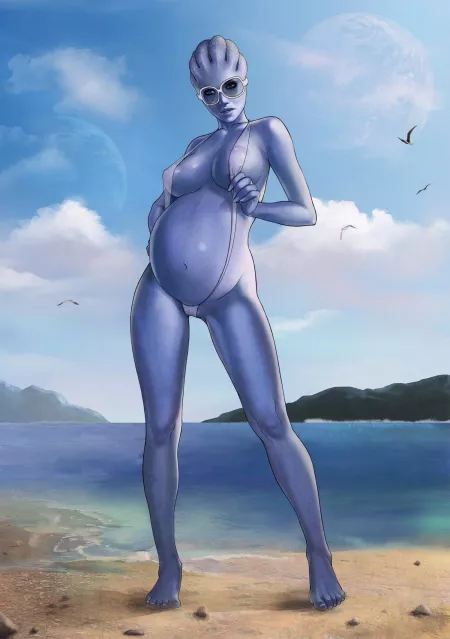 Pregnant Liara on the beach by tinysteiney02