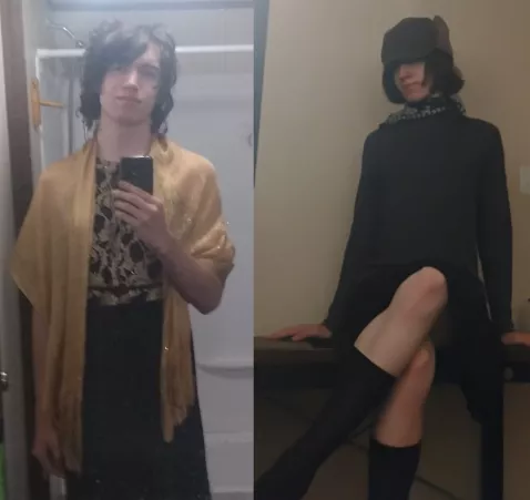 Progress over time. First pic (left) is when I was 16 and first stole my mom's clothes to crossdress, 2nd pic (right) is from yesterday, now 18 and with my own femme clothes. by RedditAltsZUN