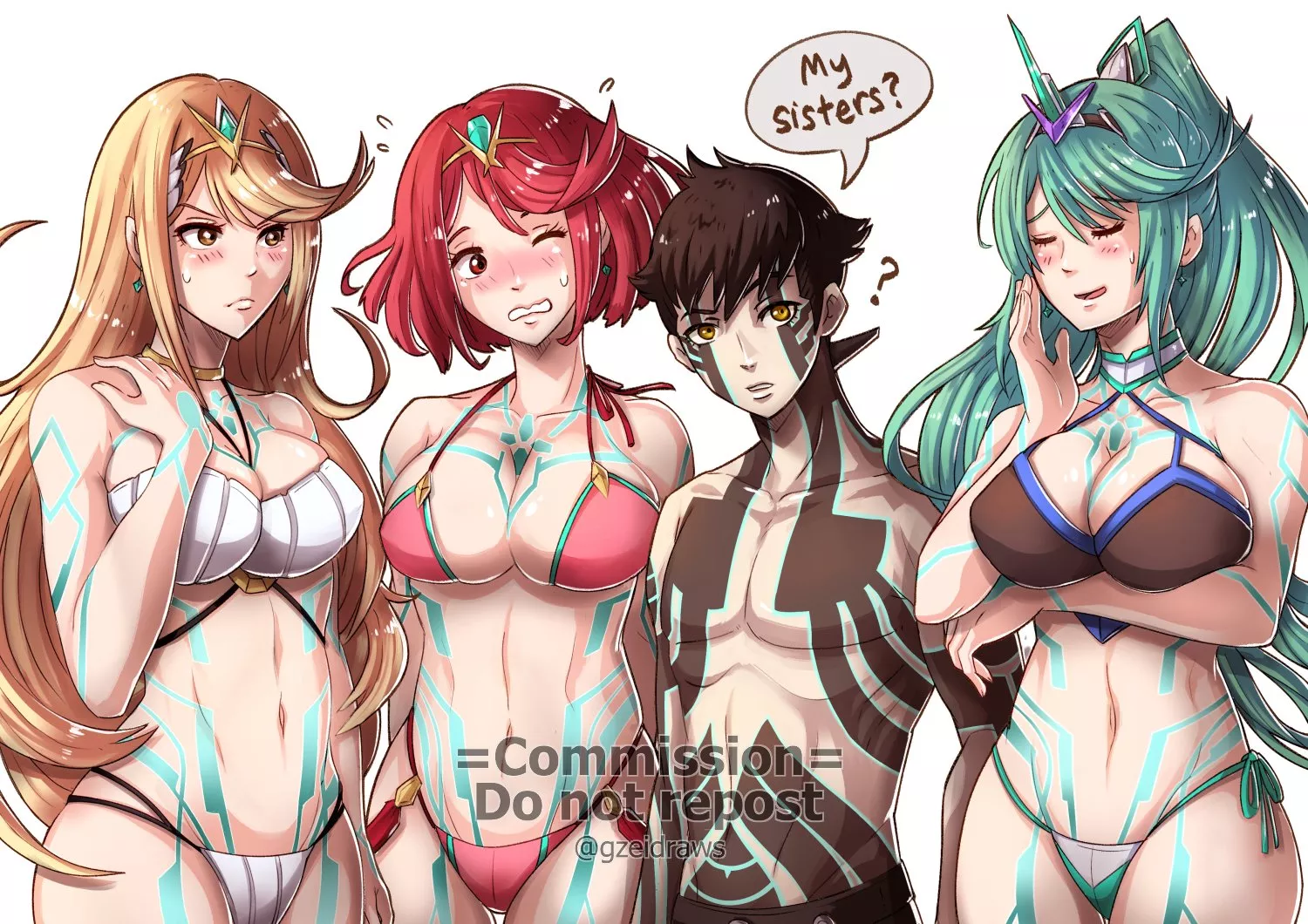 Pyra, Mythra and Pneuma meet their long lost little brother Demi-Fiend (Gzeidraws) posted by Terran117