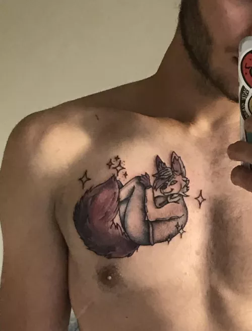 Quartz tattoo half way done! Still need to add colours will keep posting updates on ig @lewisquartz100 :) (anyone who tells u a tattoo don’t hurt is lying btw) by Quartz_the_fennec