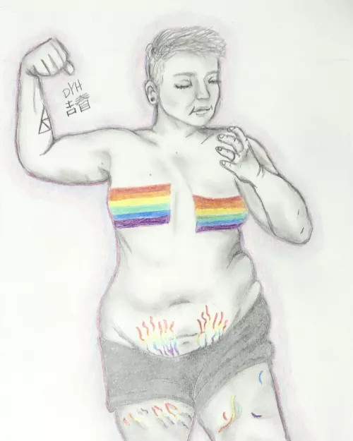 Recent piece I did for an enby wanting to commemorate their changing body on HRT and new stretch marks ❤️🧡💛💚💙💜 by dylanyoshichan
