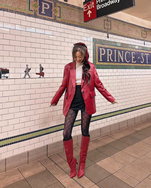 Red boots, patterned tights by jpx82