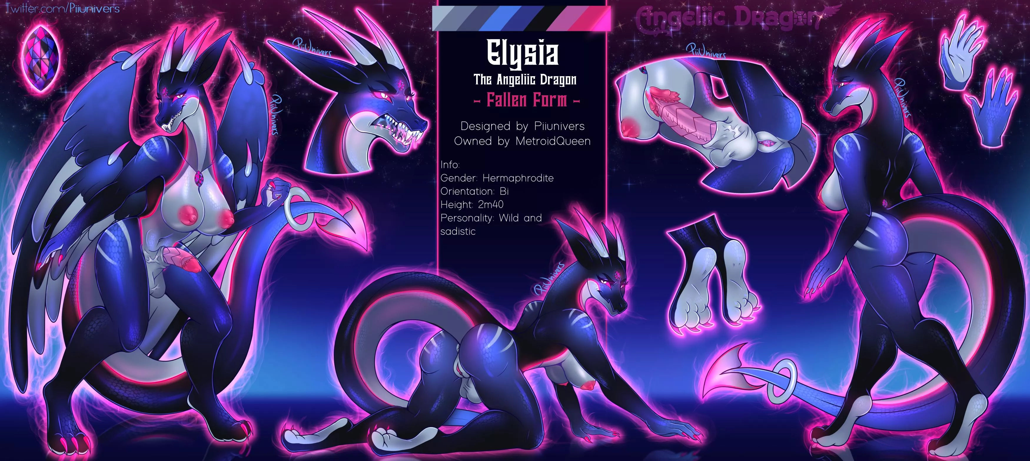 Ref Sheet of a Wicked Hermaphordite Dragon (artist: me, Twitter @Piiunivers) posted by Piiunivers