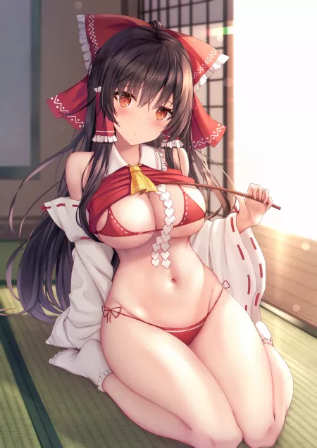 Reimu showing off her lingerie by Kirbologist