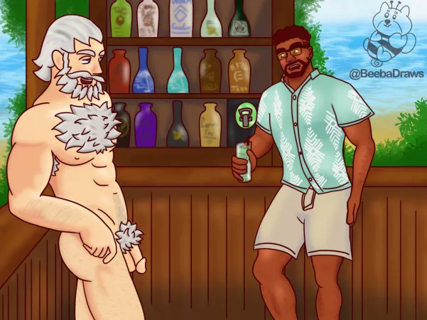 Reinhardt and Baptiste (overwatch) at a clothing optional bar. See Baptiste undressed on my twitter. - BeebaDraws by BeebaDraws