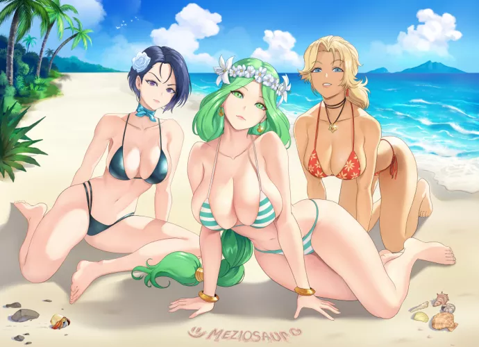 Rhea, Shamir, and Catherine at the beach (Meziosaur) by bigmommymilkersplz
