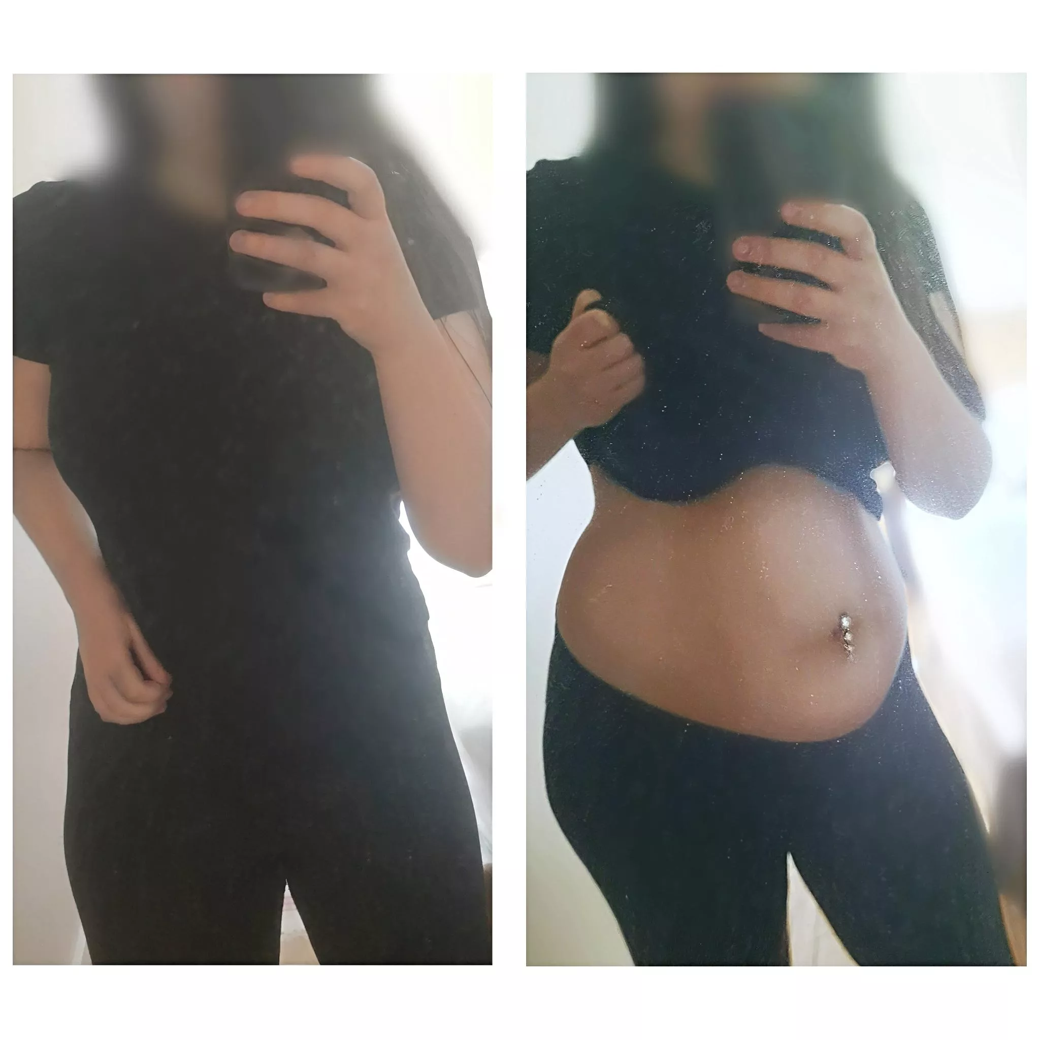 Same mirror. Same outfit. One year apart. I have a hard time containing this belly anymore 😅 (132 to 185lbs) posted by reinmudkip