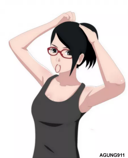 Sarada Uchiha tying her hair up by Lyl_Extra