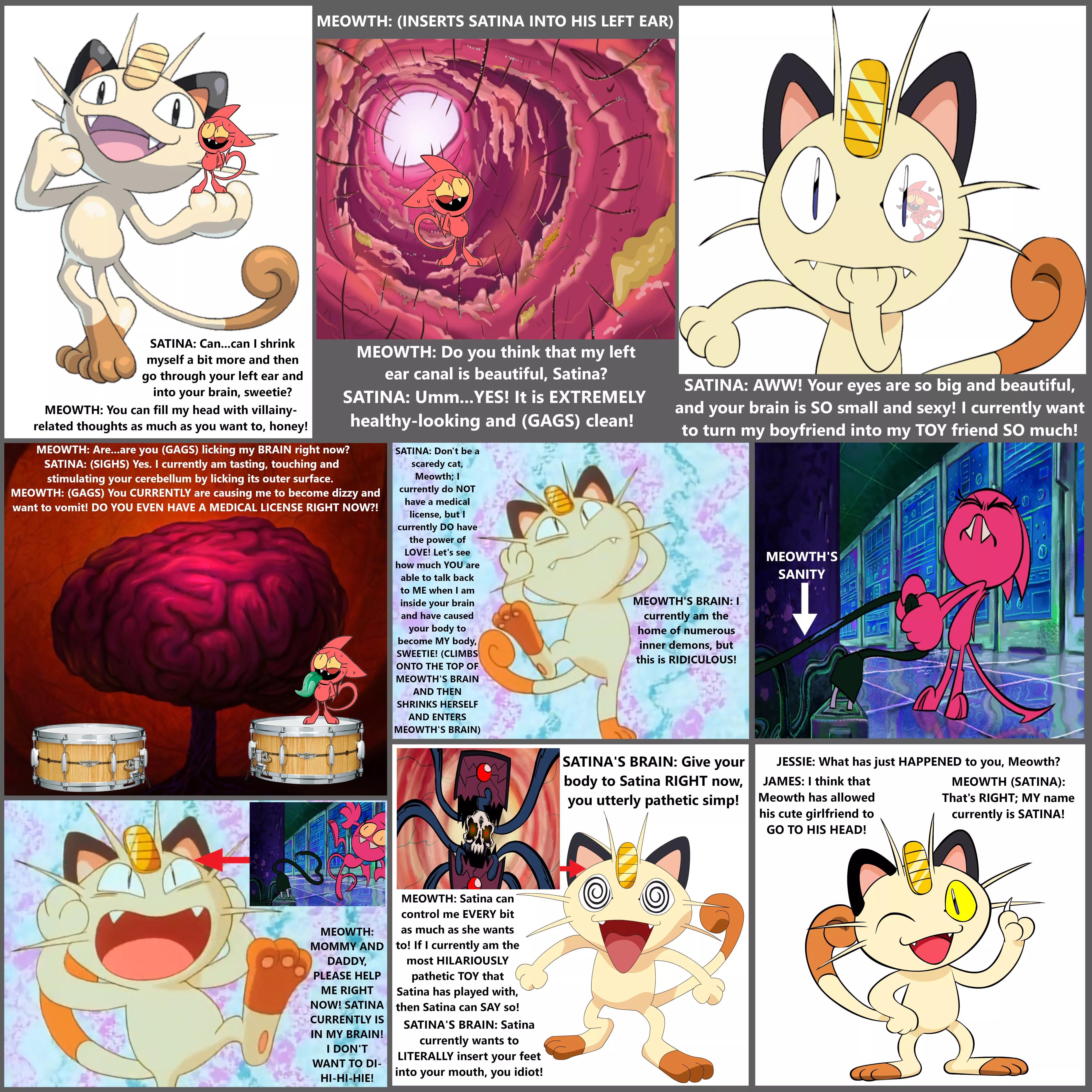 Satina entering Meowth's head in this Pokemon fan comic posted by MediocreTruth49