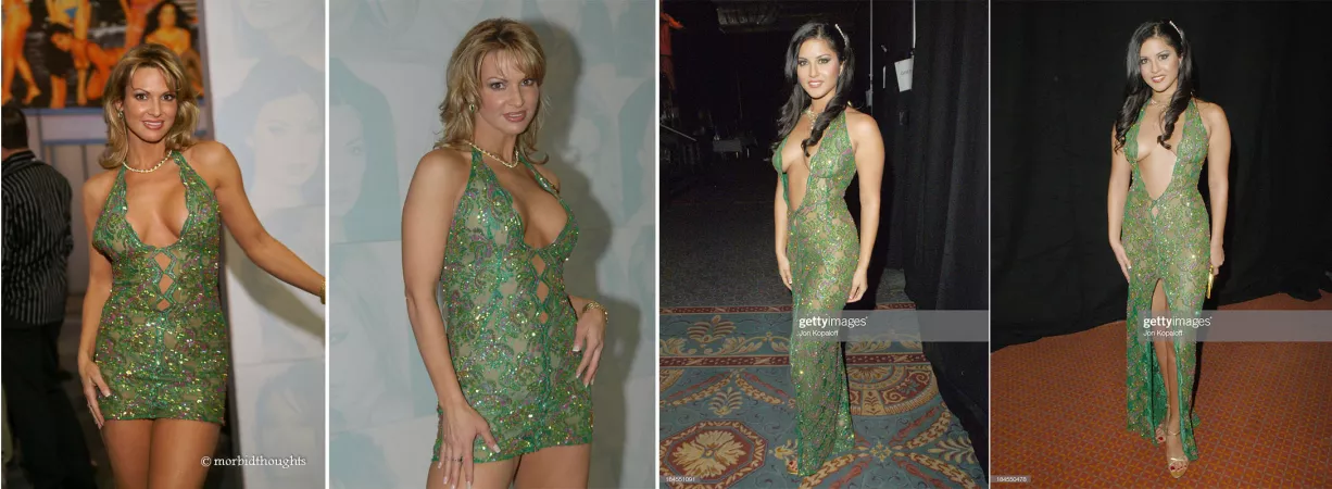 Savanna Samson and Sunny Leone wearing a mini and maxi dress from the same material during the 2006 AEE show and awards by pentium1994