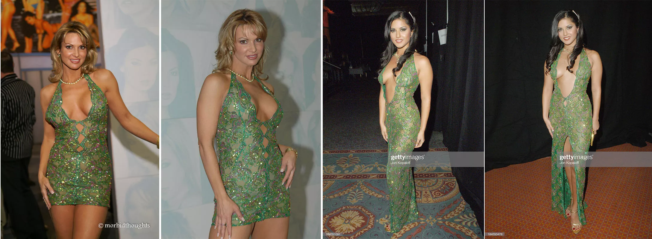 Savanna Samson and Sunny Leone wearing a mini and maxi dress from the same material during the 2006 AEE show and awards posted by pentium1994