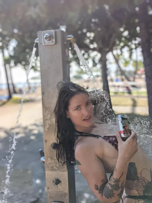 Save water, shower outside and drink beer by titania_orion