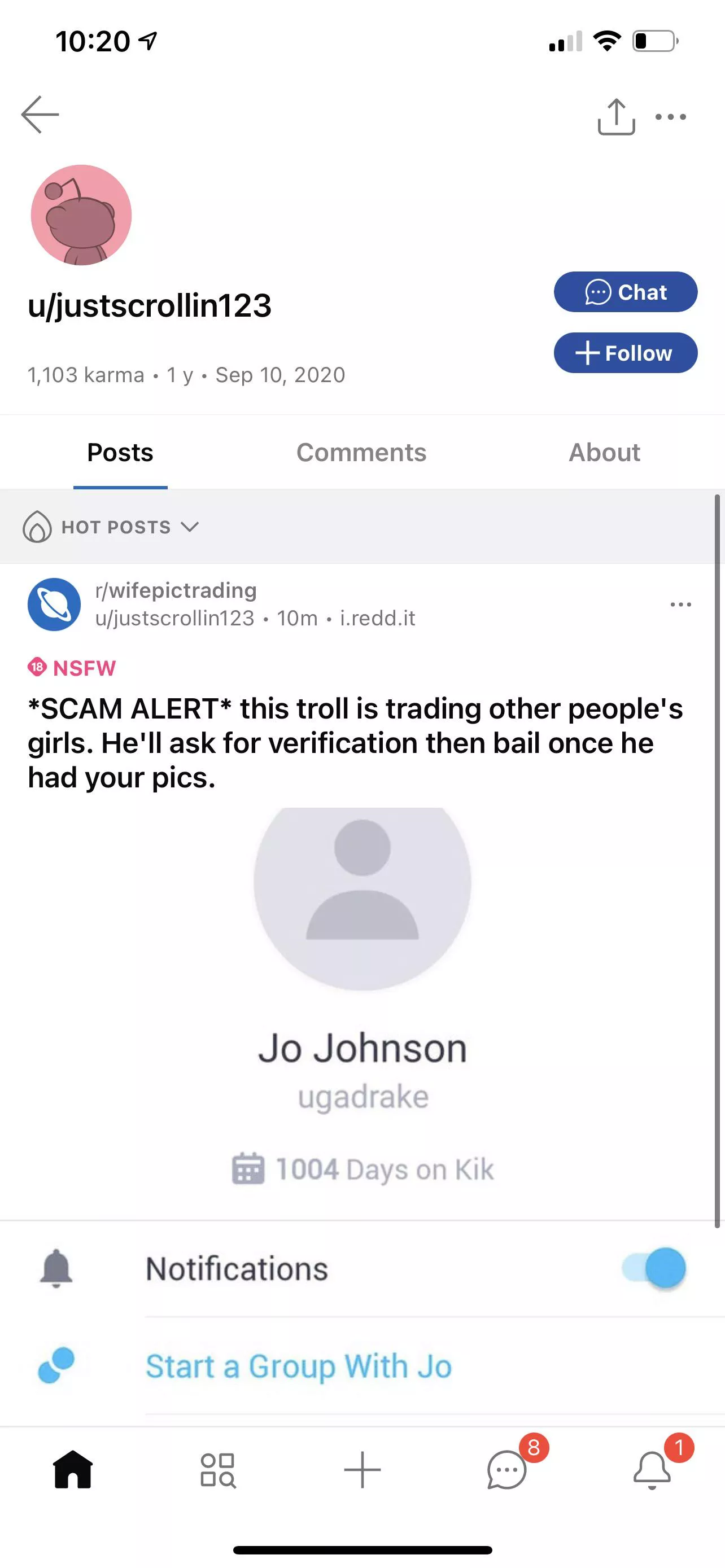Scam alert. Guy is collecting pics. Notice his profile. No posts. Just claiming “fraud” when you call him on scam. Buyer beware posted by Ugapintail