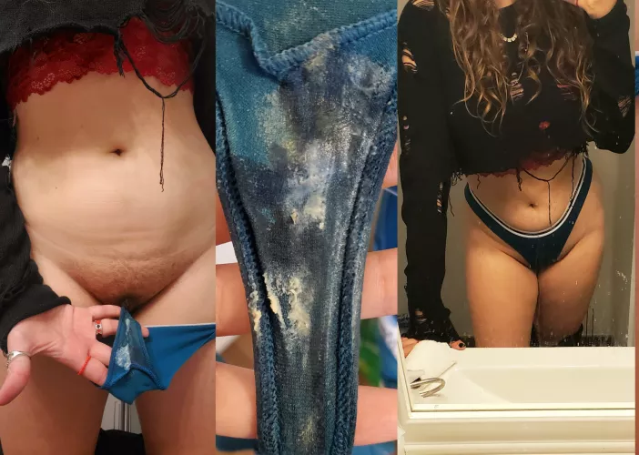 second and last day of daily orgasms in this thong and they look 😳... these smell so strong through my pants l was worried all day XD dm me or kik babbigiraffe to get these for yourself😘 by babigiraffe