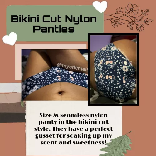 [selling] bikini cut nylon panties. they come with 2 days wear but I do offer add ons like extra day, solo play, stuffing and photo sets! kik: mysticmel94 🎄💋💦 by mysticmel94