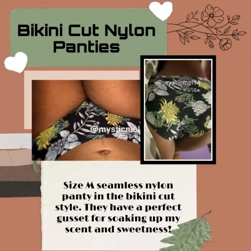 [selling] bikini cut nylon panty that come with 48 hour wear and 3 photos. I can surely get these wet and filthy for you 💋💕 kik: mysticmel94 by mysticmel94