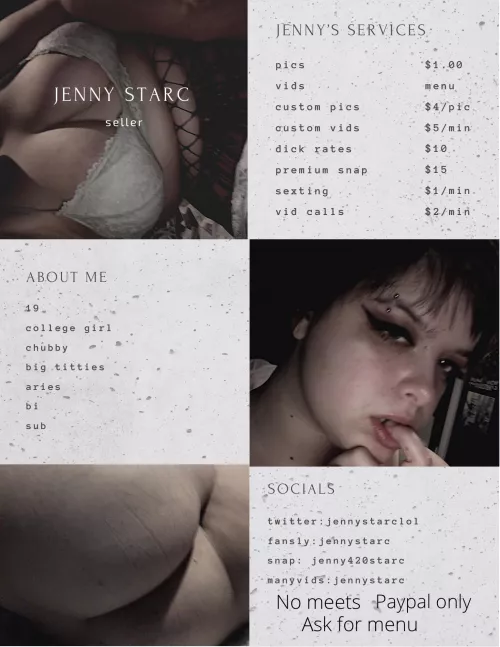 [selling] come buy from this big titty college slut 😌 goal is $100 today!! Let’s help each other out 😉 snap: jenny420starc 💖 kik: jennystarc420 by jennystarc