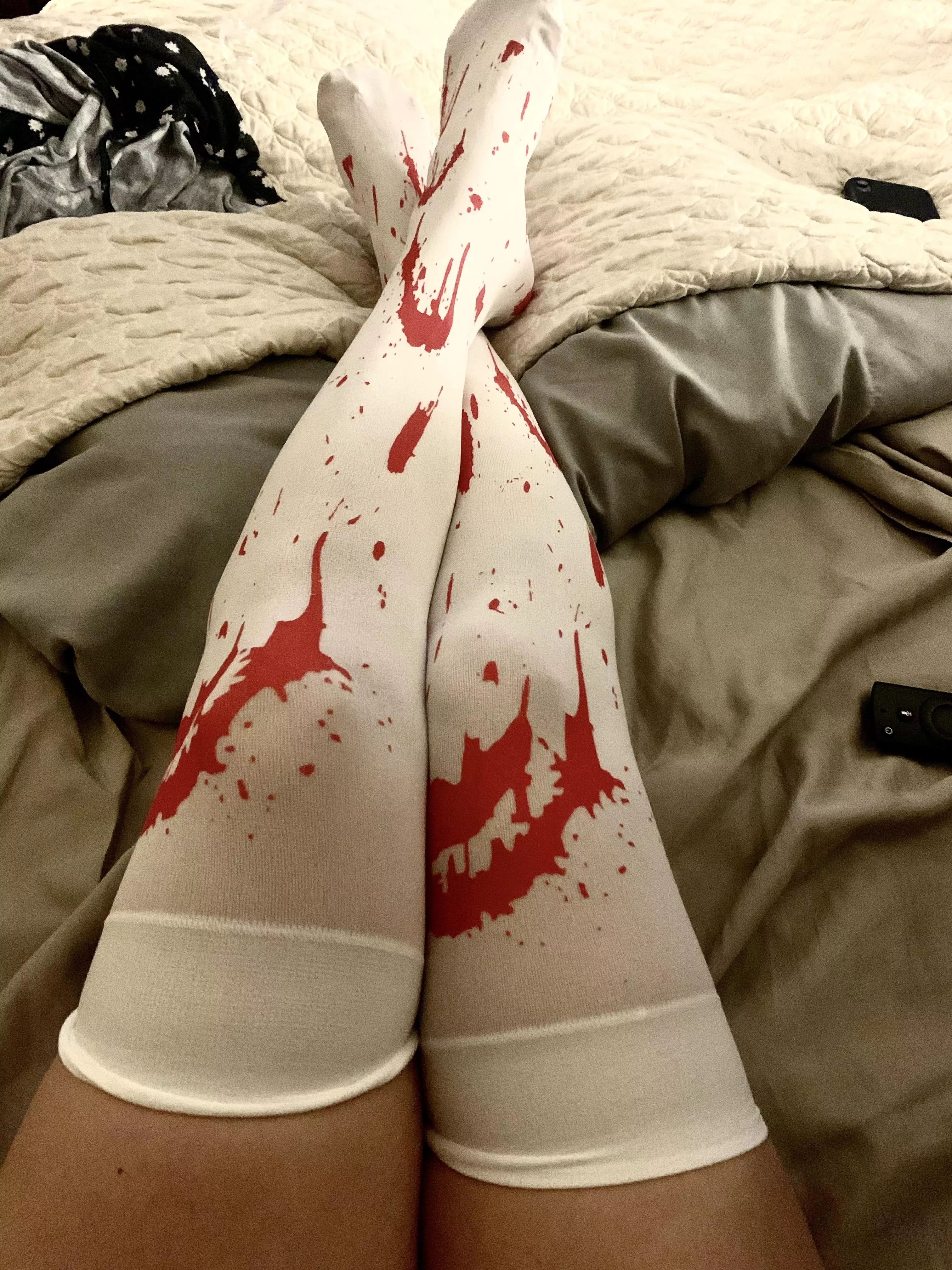 [selling] Watching Dexter in my splatter stockings. 😉🪓 posted by deviantdahlia38