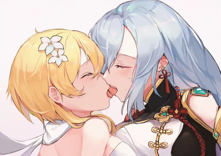 Shenhe and Lumine sharing a kiss [Genshin Impact] by mesuyuki