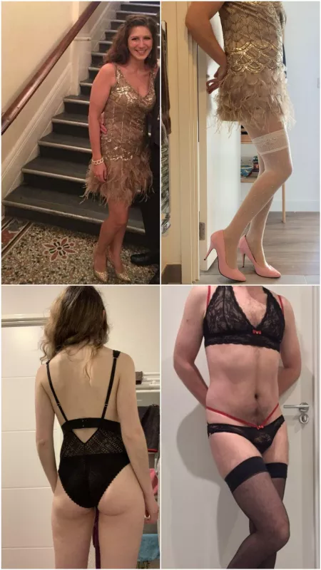Sissy Hubby and Hotwife, 36/33, London UK. Same dress, but our own lingerie! Bulls needed, pick your favourite! Thanks! by Sissy_Immy